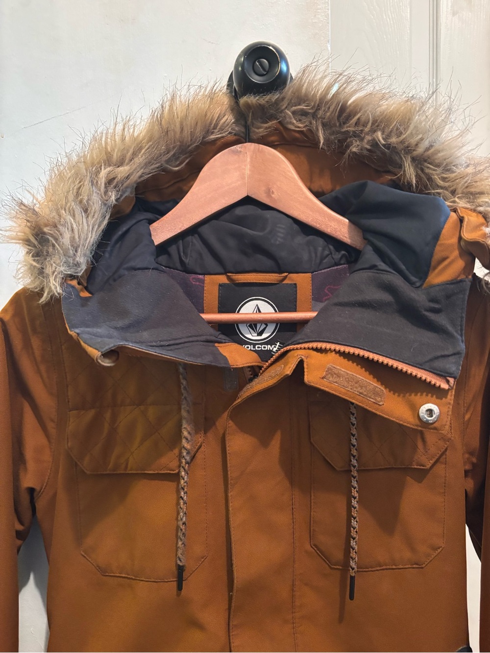 Volcom Men's Burnt Orange Faux-Fur Hooded Puffer Jacket